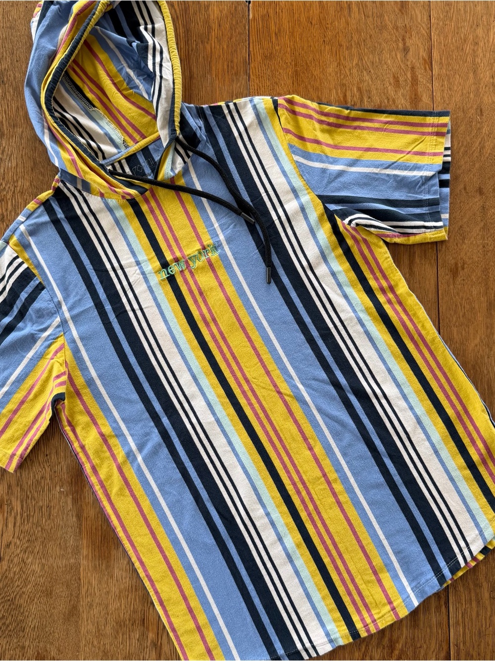 Vox Populi “New York” Striped Hooded Short Sleeve Tee in Light Blue & Yellow
